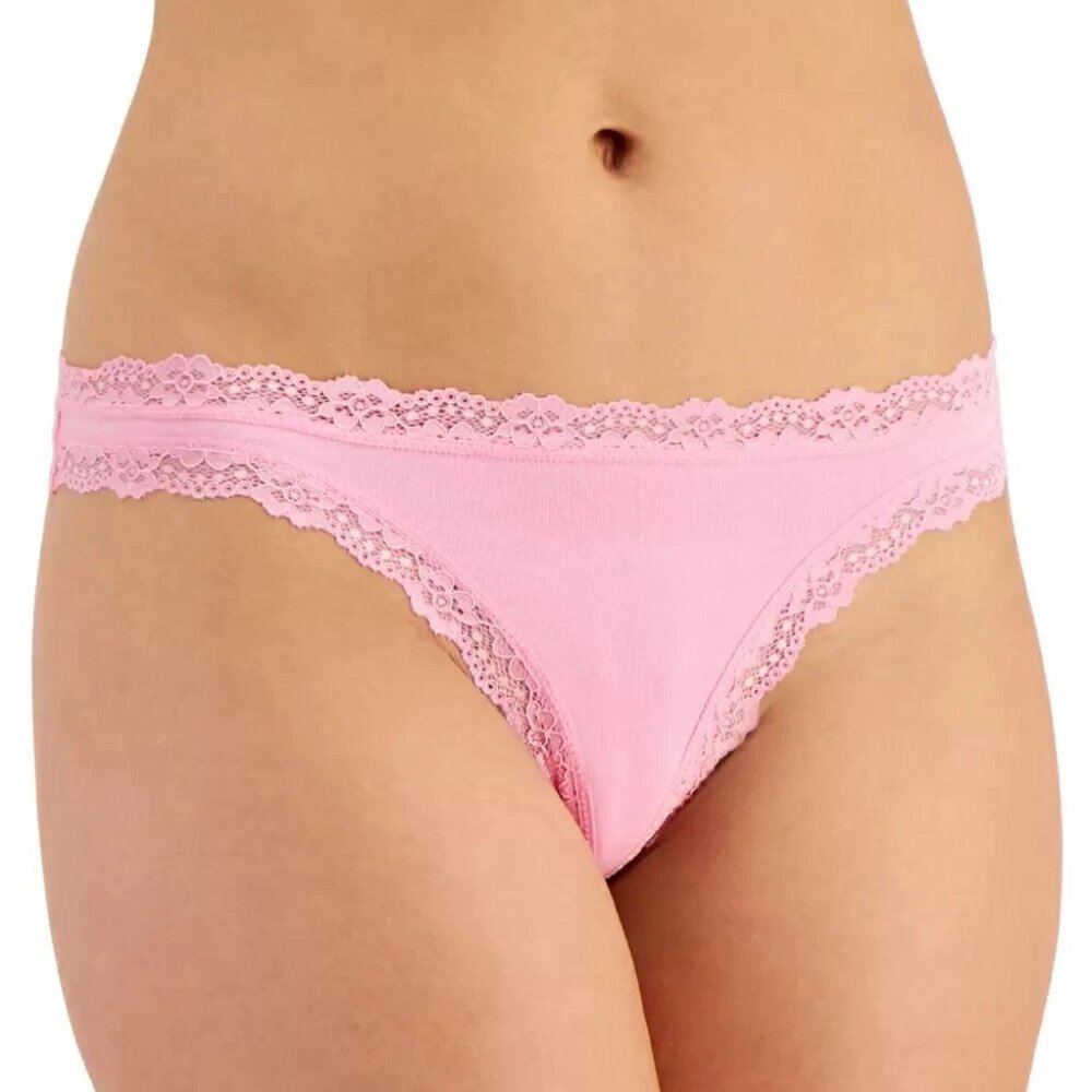 Jenni Intimates Women's Lace-Trim Cotton Blend Thong Panty, California Pink, 3XL
